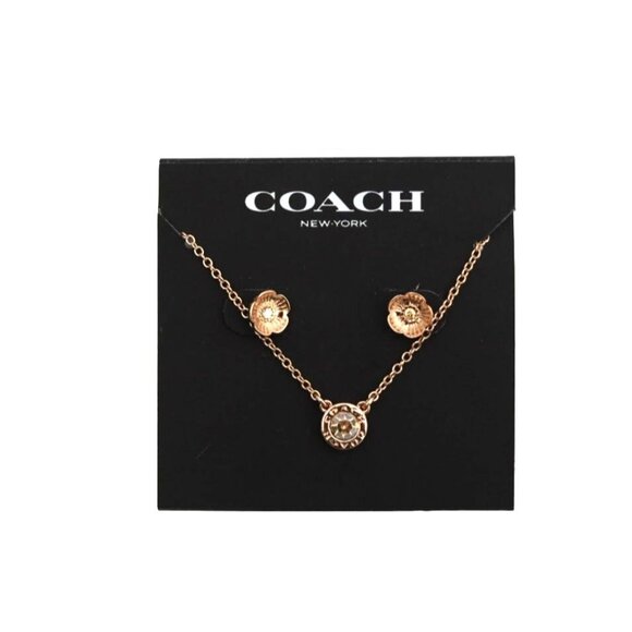 Coach Rose Gold Tone Necklace Flower Earring Set With Gift Pouch - Picture 3 of 7